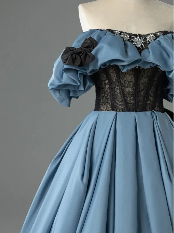 Elegant Havblåt Med Blonder Blomsten Rhinestone Gallakjoler 2026 Balkjole Off-The-Shoulder Kort Ærme Halterneck Sløjfe Lange Kjoler