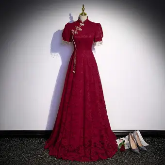Style Chinois Bordeaux Perle Faux Diamant En Dentelle Fleur Robe De Soirée 2022 Princesse Col Haut Manches Courtes Longue Soirée Robe De Ceremonie