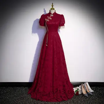 Style Chinois Bordeaux Perle Faux Diamant En Dentelle Fleur Robe De Soirée 2022 Princesse Col Haut Manches Courtes Longue Soirée Robe De Ceremonie