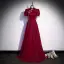 Chinese style Burgundy Pearl Rhinestone Lace Flower Evening Dresses 2022 A-Line / Princess High Neck Short Sleeve Floor-Length / Long Evening Party Formal Dresses