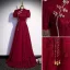 Chinese style Burgundy Pearl Rhinestone Lace Flower Evening Dresses 2022 A-Line / Princess High Neck Short Sleeve Floor-Length / Long Evening Party Formal Dresses