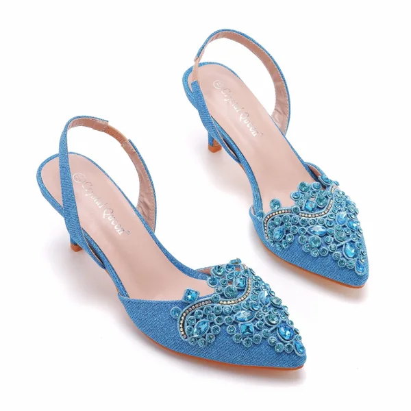 Charmig Silver Rhinestone Brudskor 2023 6 cm Stilettklackar Spetsiga Bröllop Högklackade