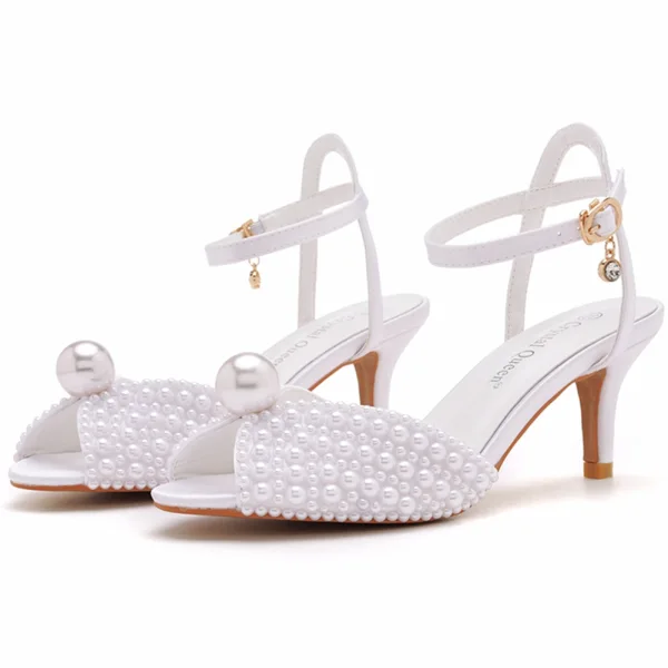 Elegant White Pearl Wedding Shoes 2023 Wedding Ankle Strap 6 cm Stiletto Heels Open / Peep Toe Sandals High Heels