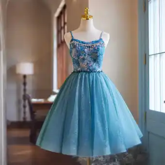 Chic Belle Océan Bleu Faux Diamant Impression Courte De Retour Robe De Graduation 2024 Bretelles Spaghetti Sans Manches Dos Nu Tulle