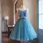 Chic / Belle Océan Bleu Faux Diamant Impression Courte de retour Robe De Graduation 2024 Bretelles Spaghetti Sans Manches Dos Nu Tulle