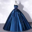Vintage / Retro Navy Blue Satin Prom Dresses 2022 Ball Gown Strapless Pearl Lace Flower Sleeveless Backless Floor-Length / Long Formal Dresses