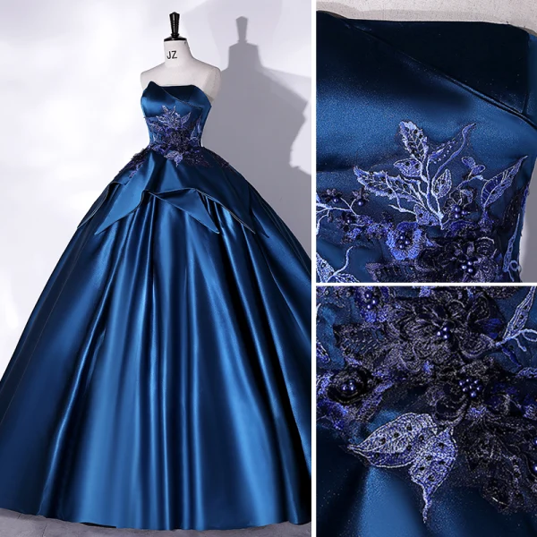 Vintage / Retro Navy Blue Satin Prom Dresses 2022 Ball Gown Strapless Pearl Lace Flower Sleeveless Backless Floor-Length / Long Formal Dresses