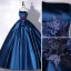 Vintage / Retro Navy Blue Satin Prom Dresses 2022 Ball Gown Strapless Pearl Lace Flower Sleeveless Backless Floor-Length / Long Formal Dresses