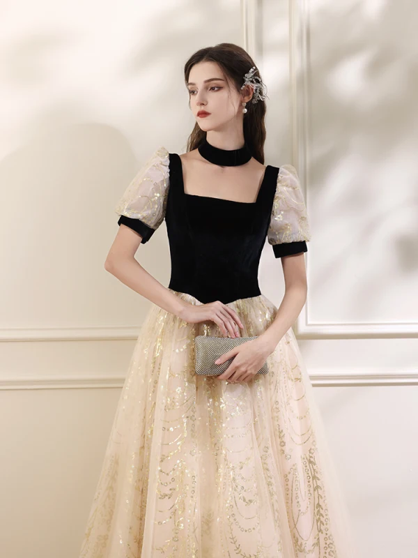 Bling Bling Black Sequins Prom Dresses 2024 A-Line / Princess Square Neckline Short Sleeve Backless Floor-Length / Long Prom Formal Dresses