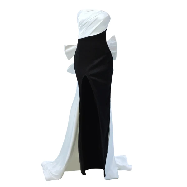 Sexy Zwei Töne Schwarz Abendkleider 2022 Meerjungfrau Satin Bandeau Ärmellos Rückenfreies Schleife Gespaltete Front Sweep / Pinsel Zug Abend Festliche Kleider