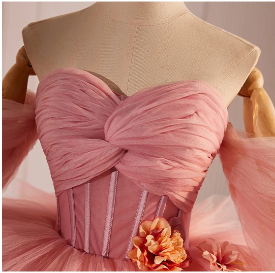 Fashion Blushing Pink Appliques Cascading Ruffles Prom Dresses 2024 Ball Gown Off-The-Shoulder Short Sleeve Backless Sweep Train Prom Formal Dresses