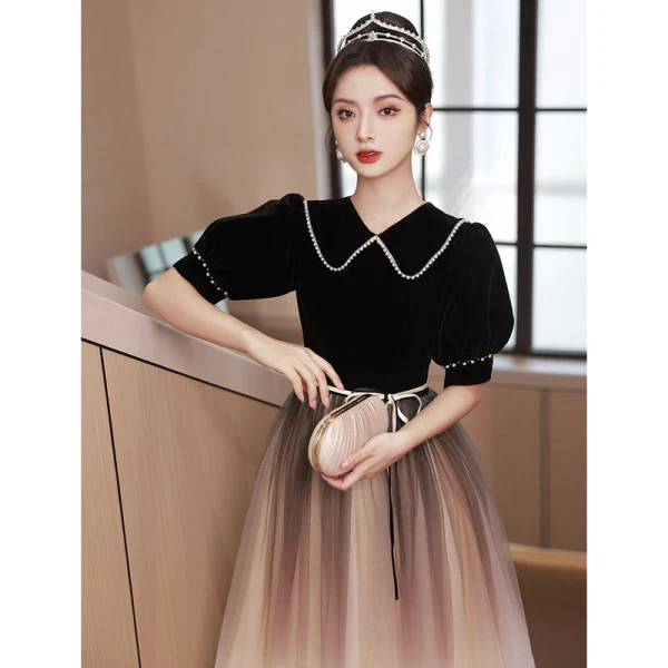 Elegant Black Evening Dresses 2023 A-Line / Princess Pearl Scoop Neck Bow Sash Short Sleeve Floor-Length / Long Evening Party Formal Dresses