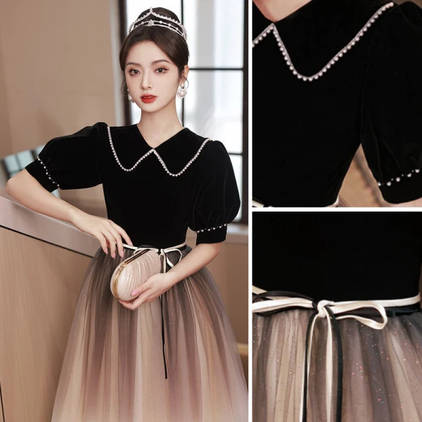 Elegant Black Evening Dresses 2023 A-Line / Princess Pearl Scoop Neck Bow Sash Short Sleeve Floor-Length / Long Evening Party Formal Dresses