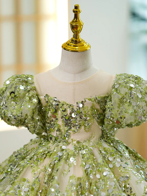 Charming Sage Green Beading Sequins Birthday Short Flower Girl Dresses 2023 Ball Gown Scoop Neck Puffy Short Sleeve