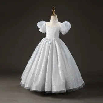 Chic Belle Gris Perle Faux Diamant Promo Robe Ceremonie Fille 2022 Robe Boule Col Haut Gonflée Manches Courtes Dos Nu Longue Robe Ceremonie Fille