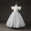Chic / Beautiful Grey Pearl Rhinestone Prom Flower Girl Dresses 2022 Ball Gown High Neck Puffy Short Sleeve Backless Floor-Length / Long Flower Girl Dresses