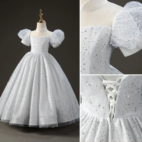 Elegant White Pearl Rhinestone Birthday Flower Girl Dresses 2022 Ball Gown High Neck Puffy Short Sleeve Backless Floor-Length / Long Flower Girl Dresses