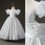 Elegant White Pearl Rhinestone Birthday Flower Girl Dresses 2022 Ball Gown High Neck Puffy Short Sleeve Backless Floor-Length / Long Flower Girl Dresses