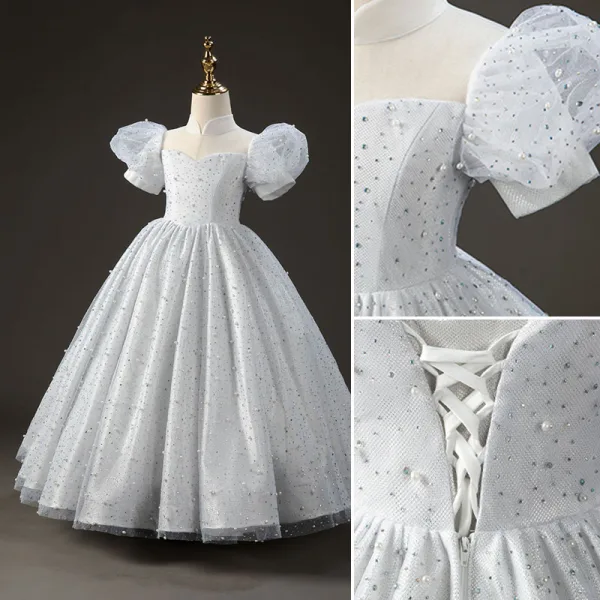 Chic / Beautiful Grey Pearl Rhinestone Prom Flower Girl Dresses 2022 Ball Gown High Neck Puffy Short Sleeve Backless Floor-Length / Long Flower Girl Dresses