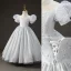 Chic / Beautiful Grey Pearl Rhinestone Prom Flower Girl Dresses 2022 Ball Gown High Neck Puffy Short Sleeve Backless Floor-Length / Long Flower Girl Dresses