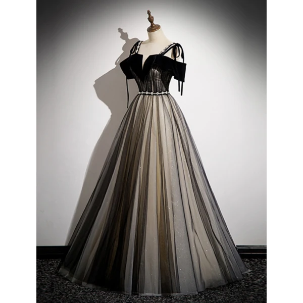 Chic / Beautiful Black Sequins Prom Dresses 2023 A-Line / Princess Pearl Rhinestone Spaghetti Straps Sash Short Sleeve Backless Floor-Length / Long Prom Formal Dresses