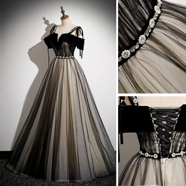 Chic / Beautiful Black Sequins Prom Dresses 2023 A-Line / Princess Pearl Rhinestone Spaghetti Straps Sash Short Sleeve Backless Floor-Length / Long Prom Formal Dresses