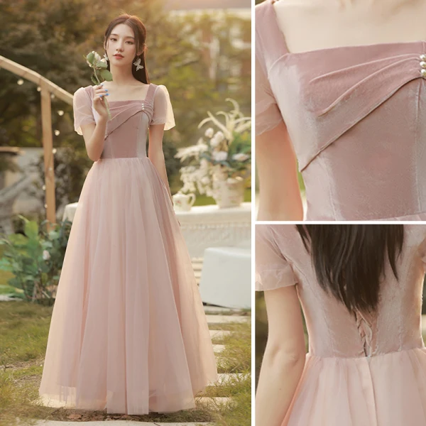 Chic / Belle Rose Sombre Perle Velour Robe Demoiselle D'honneur 2022 Princesse Encolure Carrée Manches Courtes Dos Nu Longue Demoiselle D'honneur Robe De Ceremonie