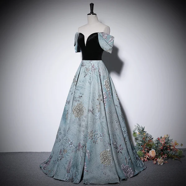 Elegant Sky Blue Printing Prom Dresses 2022 A-Line / Princess Off-The-Shoulder Short Sleeve Backless Floor-Length / Long Prom Formal Dresses