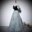 Elegant Sky Blue Printing Prom Dresses 2022 A-Line / Princess Off-The-Shoulder Short Sleeve Backless Floor-Length / Long Prom Formal Dresses