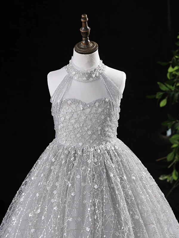 Chic / Beautiful Grey Beading Sequins Birthday Flower Girl Dresses 2024 A-Line / Princess High Neck Sleeveless Floor-Length / Long Tulle