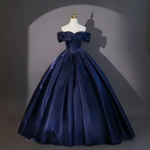 Vintage Retro Navy Blue Prom Dresses 2026 Ball Gown Off The Shoulder Short Sleeve Backless Floor Length Long Formal Dresses