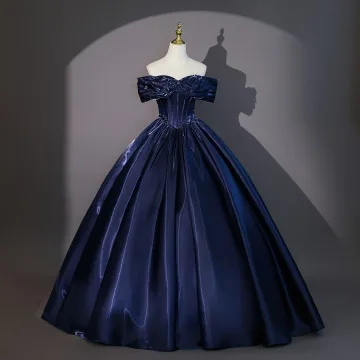 Vintage Retro Navy Blue Prom Dresses 2026 Ball Gown Off The Shoulder Short Sleeve Backless Floor Length Long Formal Dresses