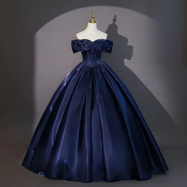 Vintage / Retro Navy Blue Prom Dresses 2026 Ball Gown Off-The-Shoulder  Short Sleeve Backless Floor-Length / Long Formal Dresses