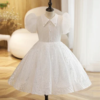 Chic Belle Blanche Perle Paillettes Anniversaire Robe Ceremonie Fille 2022 Robe Boule Encolure Dégagée Manches Courtes Longue