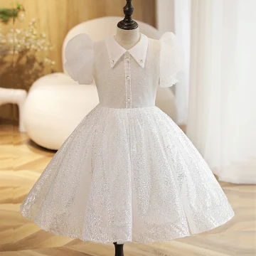 Chic Beautiful White Pearl Sequins Birthday Flower Girl Dresses 2022 Ball Gown Scoop Neck Short Sleeve Floor Length Long