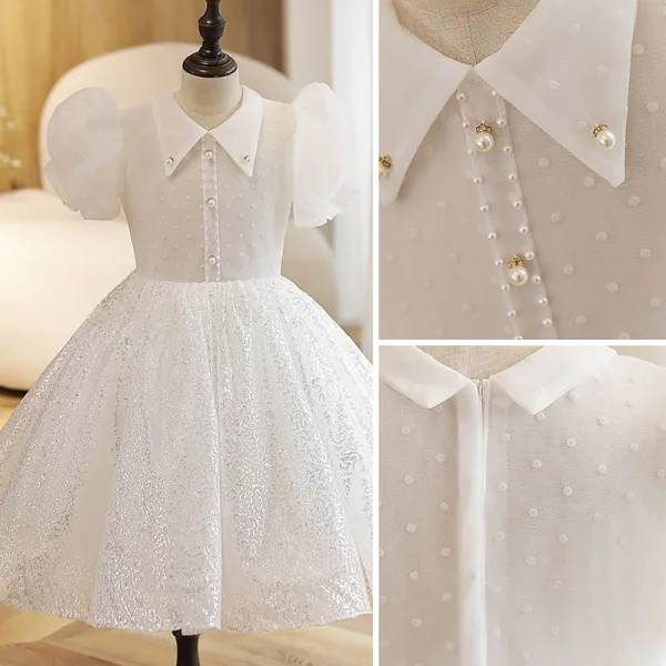Chic / Belle Blanche Perle Paillettes Anniversaire Robe Ceremonie Fille 2022 Robe Boule Encolure Dégagée Manches Courtes Longue