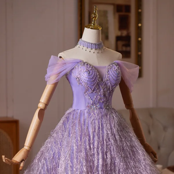 Enchantant Lavande Perlage Paillettes Gland Courte Robe De Soirée 2026 Robe Boule De l'épaule Manches Courtes Dos Nu Tulle Robe De Ceremonie