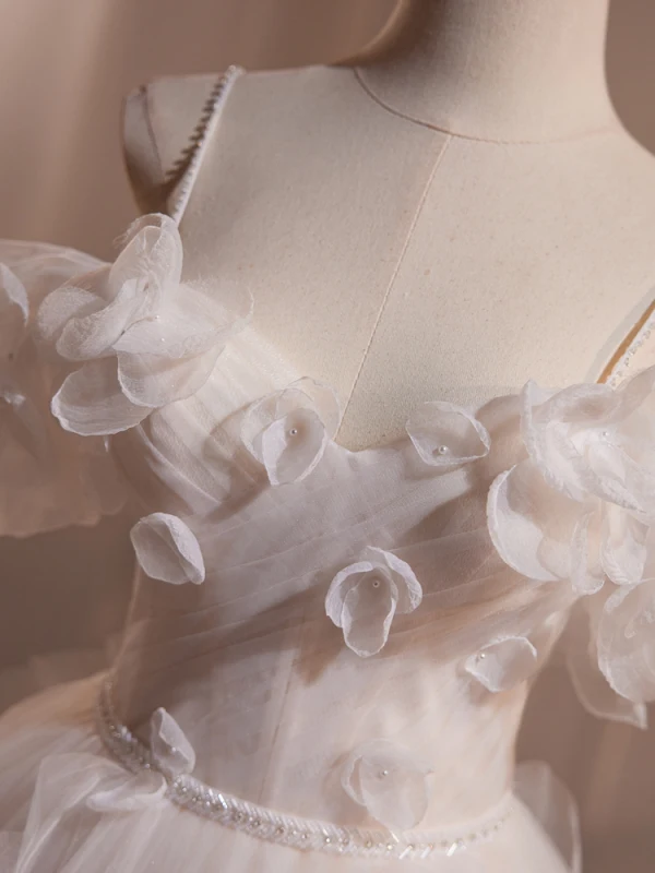 Mode Weiß Perle Applikationen Rüschen Ballkleider 2024 Ballkleid Spaghettiträger Kurze Ärmel Rückenfreies Lange Ball Festliche Kleider