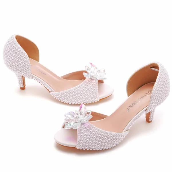 Sexy White Crystal Pearl Wedding Shoes 2023 6 cm Stiletto Heels Open / Peep Toe Wedding Sandals High Heels