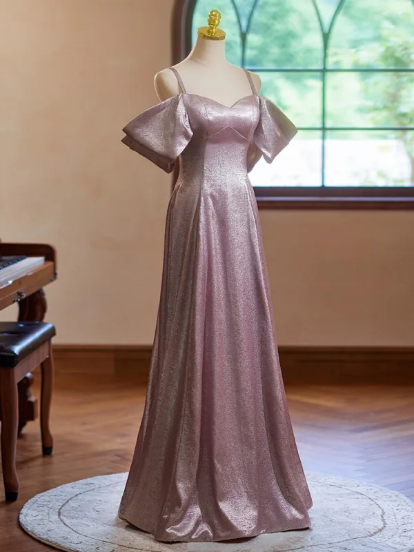 Chic / Beautiful Dusky Pink Glitter Prom Dresses 2024 A-Line / Princess Spaghetti Straps Short Sleeve Backless Floor-Length / Long Prom Formal Dresses