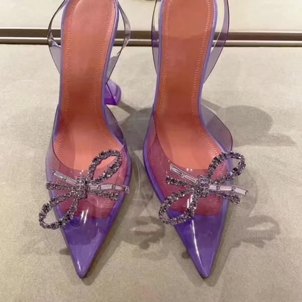 Transparent Sexy Summer Purple Evening Party Womens Sandals 2022 Rhinestone Bow 9 cm Stiletto Heels Pointed Toe High Heels