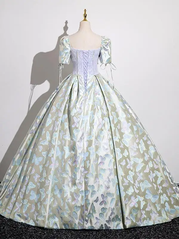 Fashion Sage Green Lace Flower Butterfly Prom Dresses 2025 Ball Gown Square Neckline Short Sleeve Backless Floor-Length / Long Prom Formal Dresses