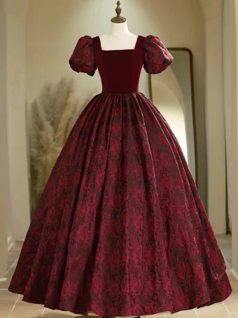Élégant Bordeaux Rose Impression Satin Robe De Bal 2024 Robe Boule Encolure Carrée Gonflée Manches Courtes Dos Nu Longue Promo Robe De Ceremonie
