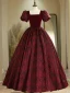 Elegant Burgundy Rose Printing Satin Prom Dresses 2024 Ball Gown Square Neckline Puffy Short Sleeve Backless Floor-Length / Long Prom Formal Dresses