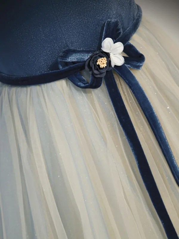 Fashion Navy Blue Beading Appliques Prom Dresses 2023 A-Line / Princess Off-The-Shoulder Sleeveless Backless Bow Sash Floor-Length / Long Prom Formal Dresses