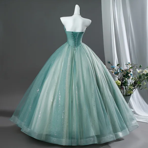 Traumhaft Lindgrün Perlenstickerei Applikationen Spitze Blumen Ballkleider 2026 Ballkleid Bandeau Ärmellos