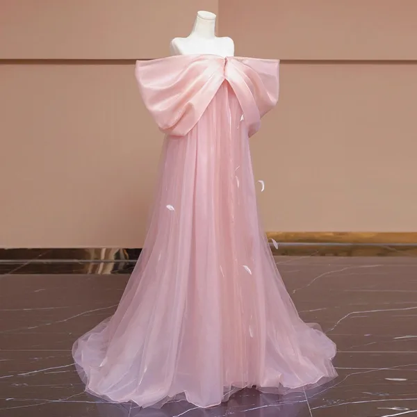 Lovely Candy Pink Bow Prom Dresses 2024 A-Line / Princess Off-The-Shoulder Short Sleeve Backless Sweep Train Prom Formal Dresses