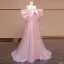 Lovely Candy Pink Bow Prom Dresses 2024 A-Line / Princess Off-The-Shoulder Short Sleeve Backless Sweep Train Prom Formal Dresses