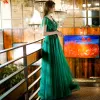 Chic / Beautiful Dark Green Beading Rhinestone Sequins Prom Dresses 2022 A-Line / Princess V-Neck Short Sleeve Backless Floor-Length / Long Prom Formal Dresses