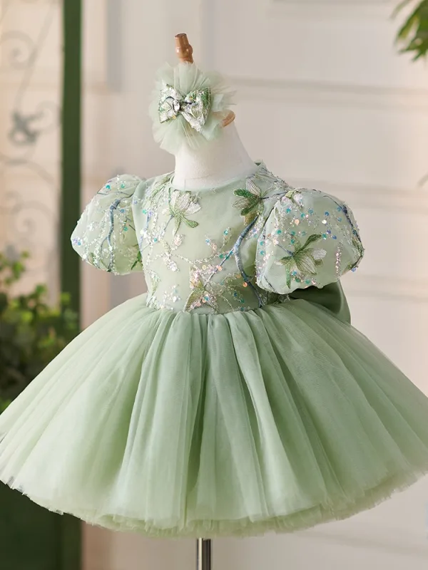 Chic / Beautiful Sage Green Lace Flower Sequins Bow Birthday Short Flower Girl Dresses 2024 Ball Gown Scoop Neck Puffy Short Sleeve